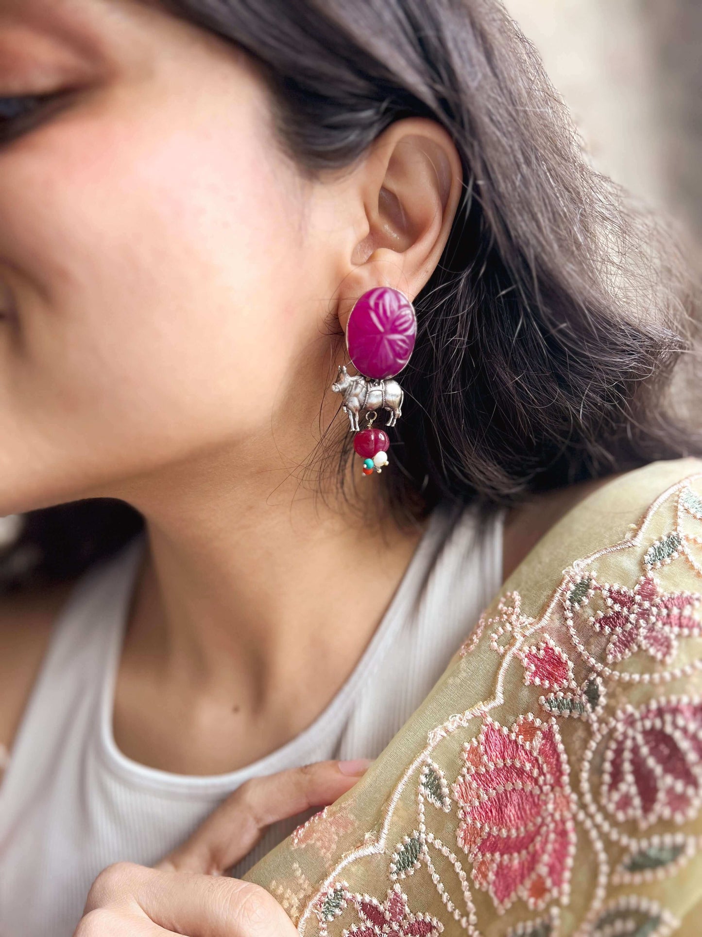 Vrishubha silver earring with red quartz