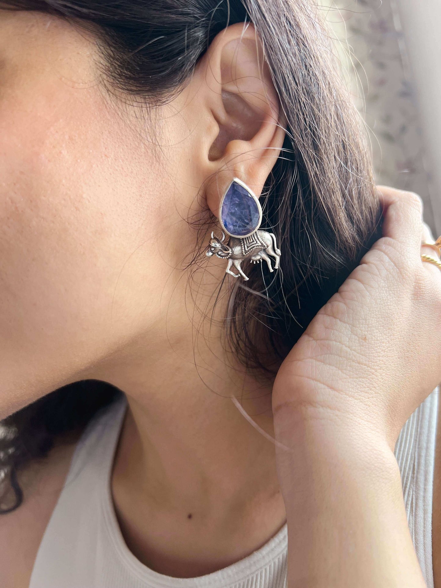 Neelkanthi oxidised silver earring with lavender quartz