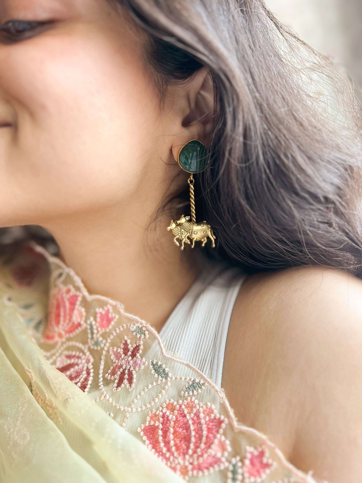 Shivapriya gold plated silver dangler with green quartz
