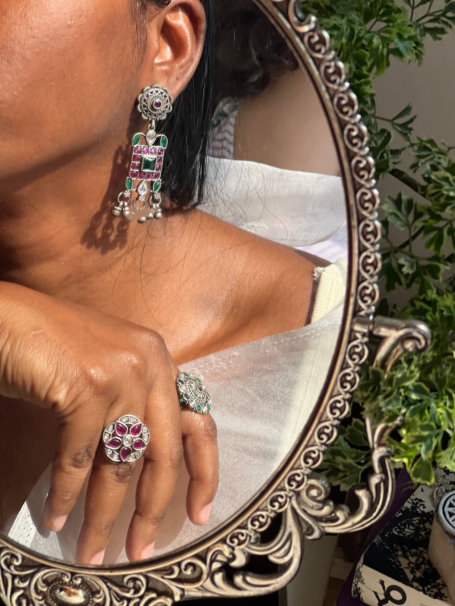 Reha oxidised silver earrings with ruby and green onyx