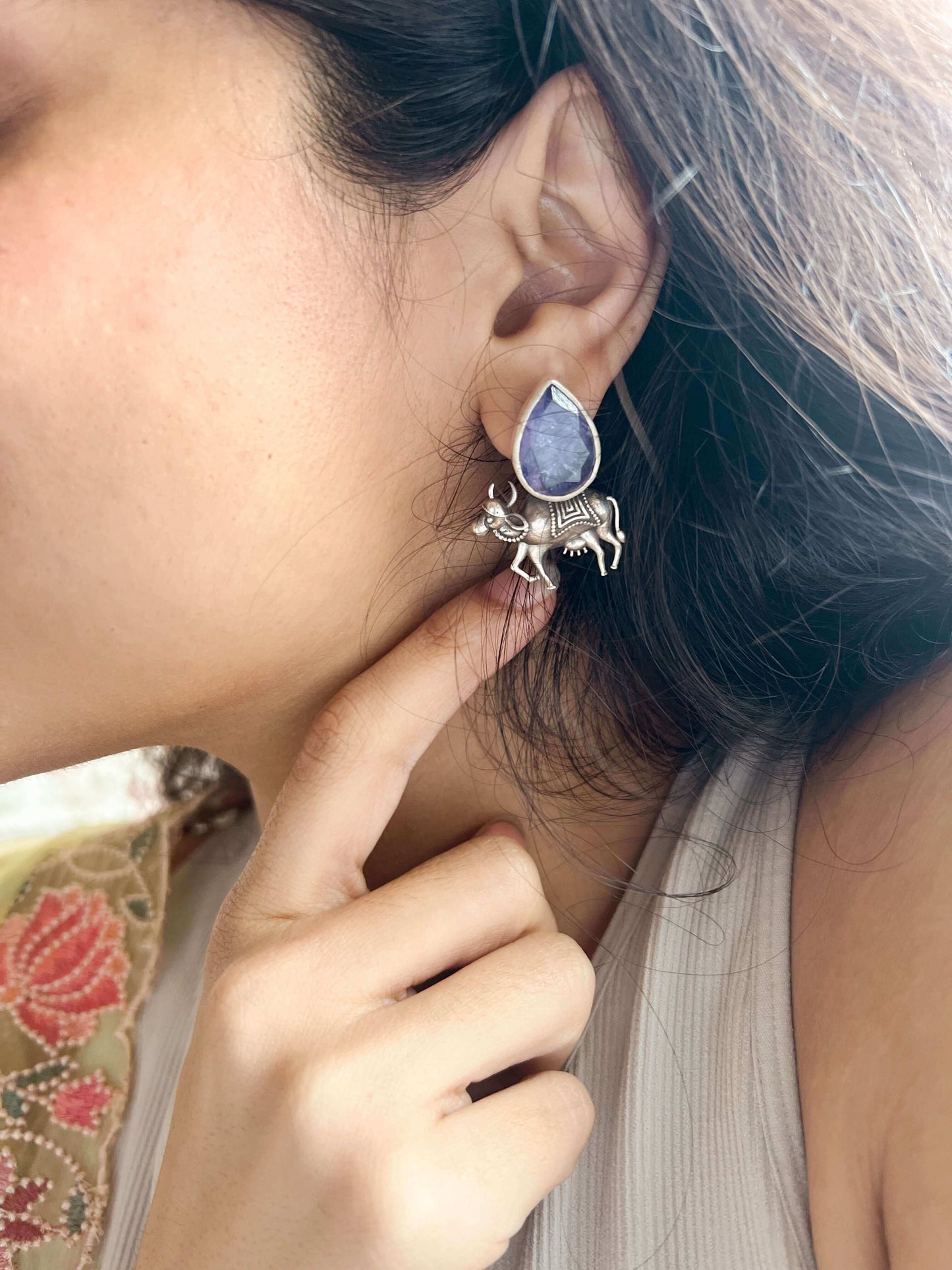 Neelkanthi oxidised silver earring with lavender quartz