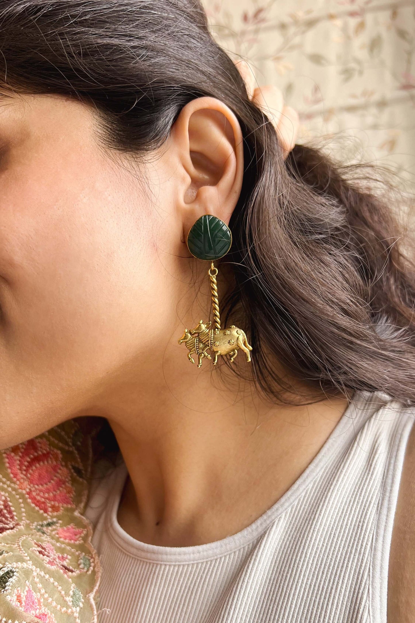 Shivapriya gold plated silver dangler with green quartz