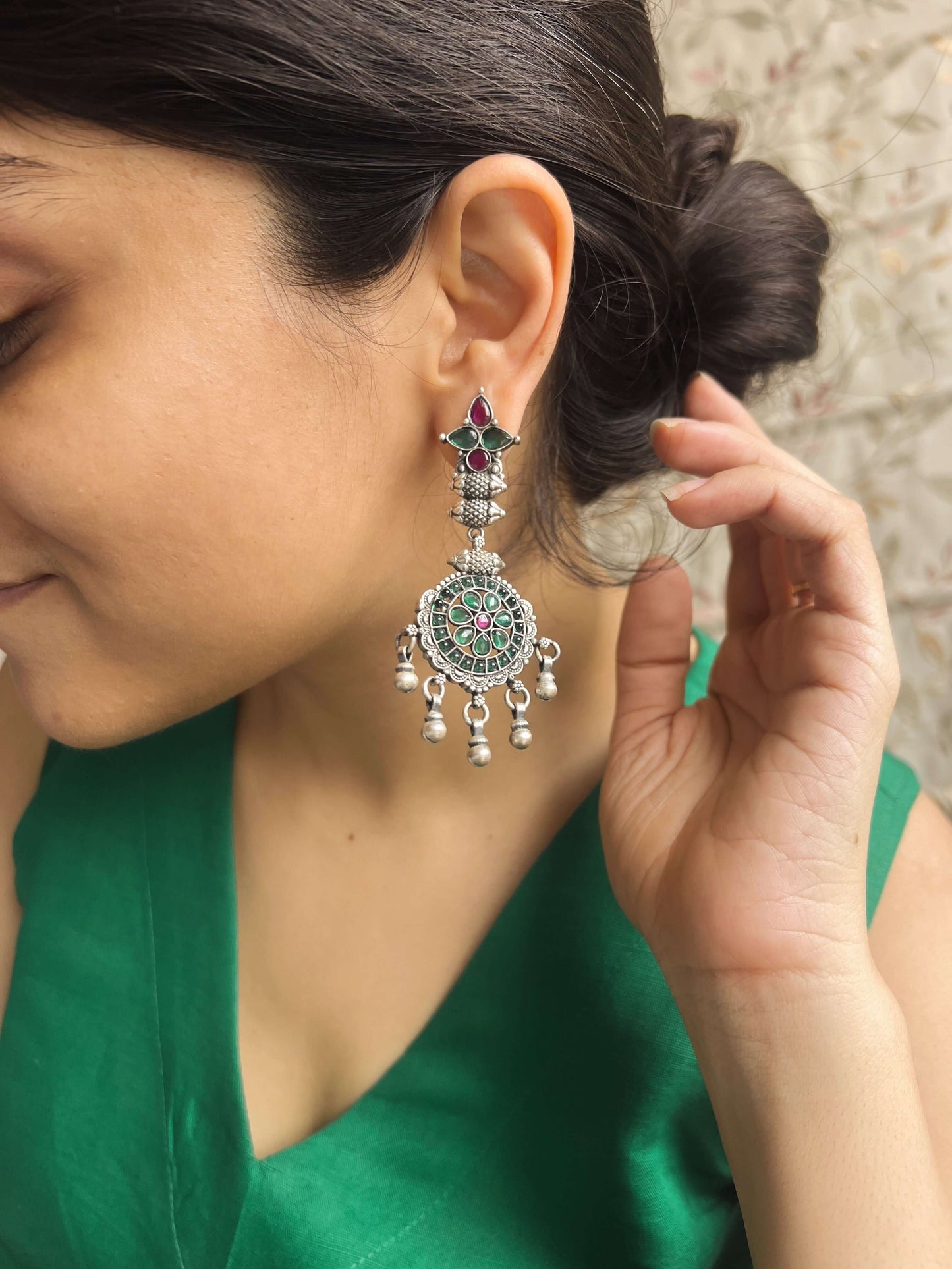 Anjani oxidised silver earrings with hanging silver beads