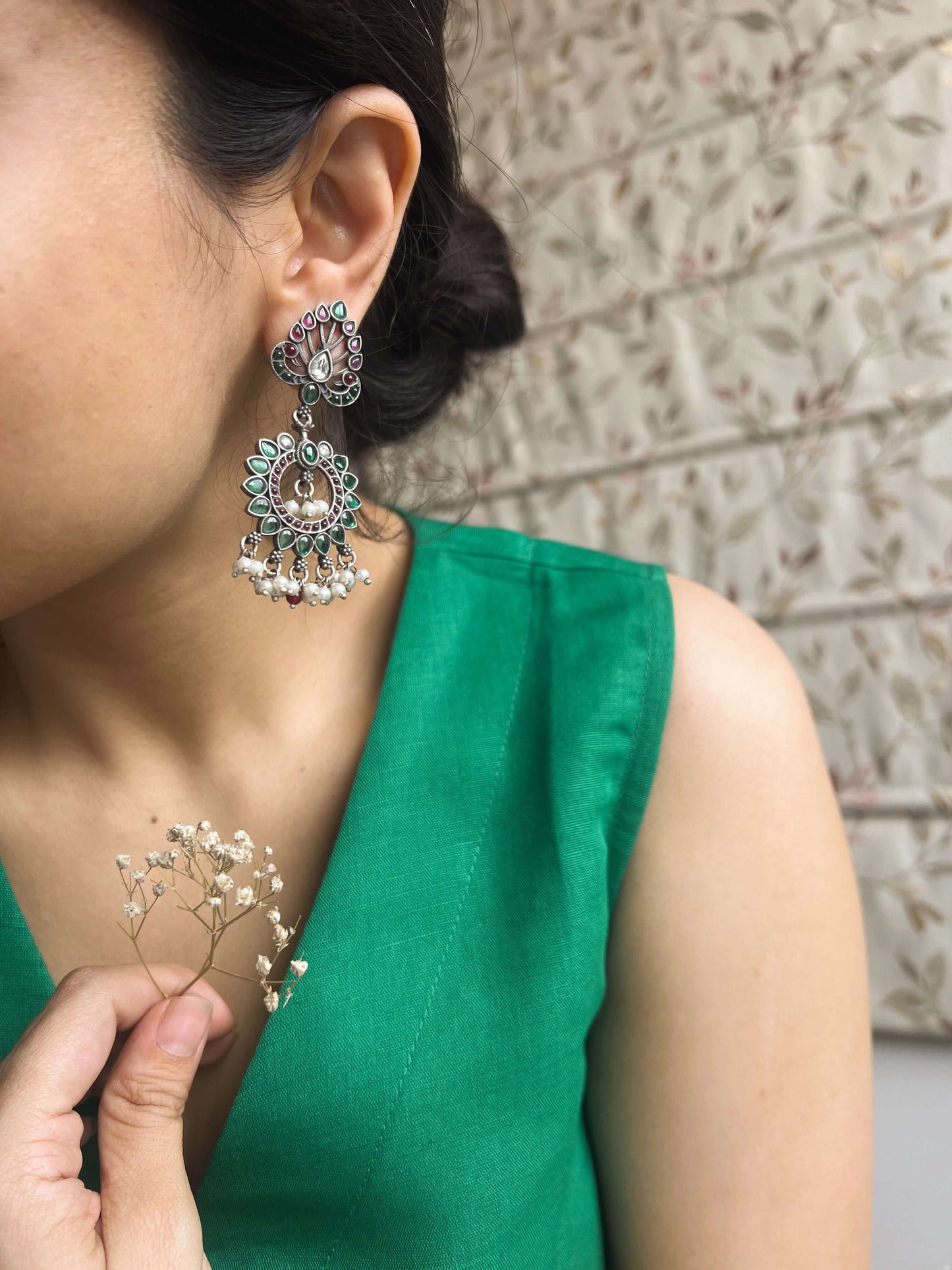 Indrani oxidised silver earrings with green and ruby onyx and cluster pearls