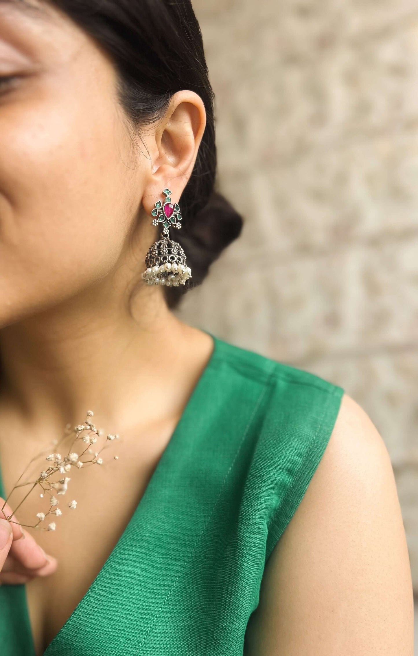 Kashi oxidised silver jhumka with pearl and emerald onyx
