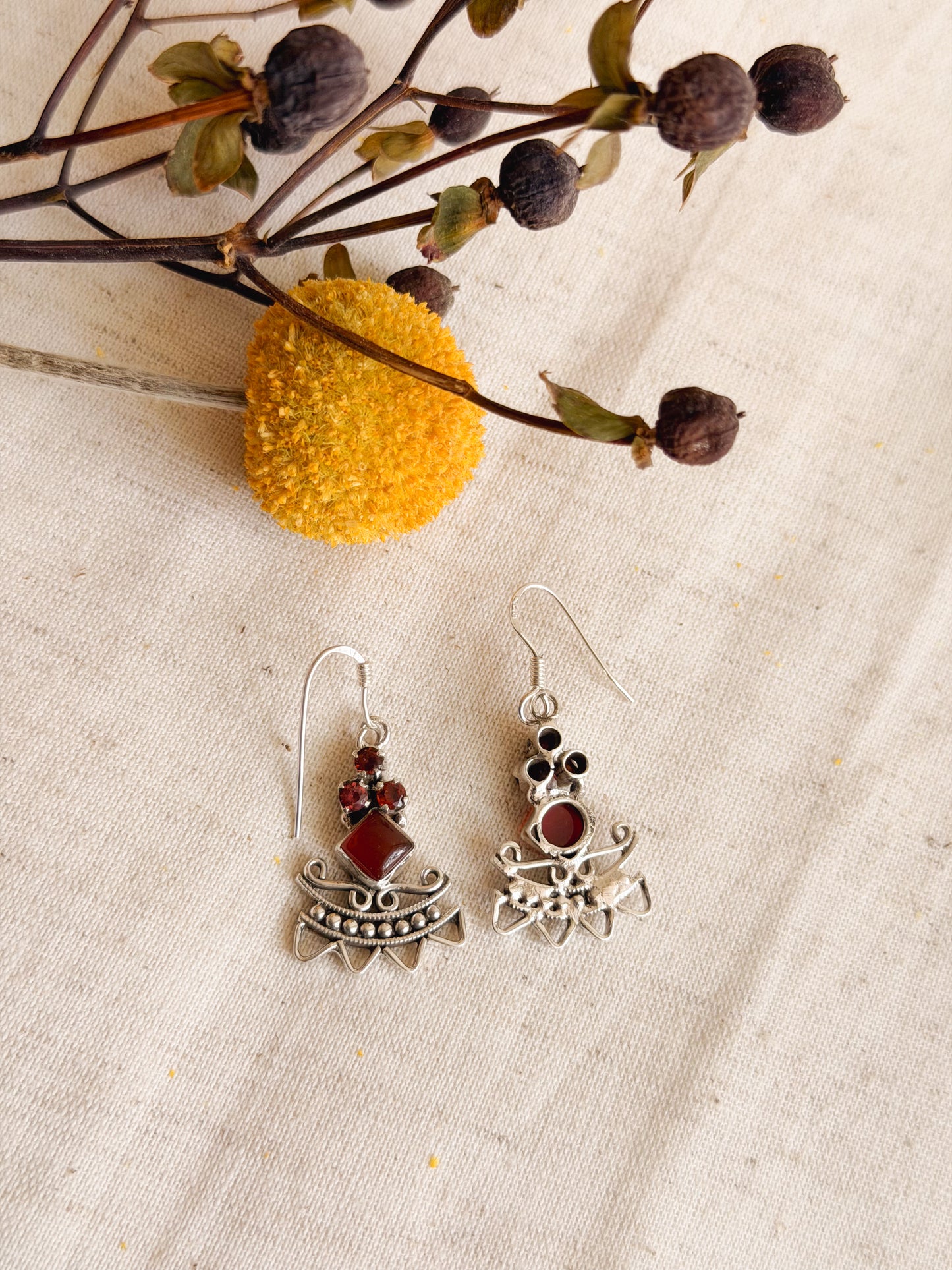 Surkh silver earrings with fish hook and red onyx