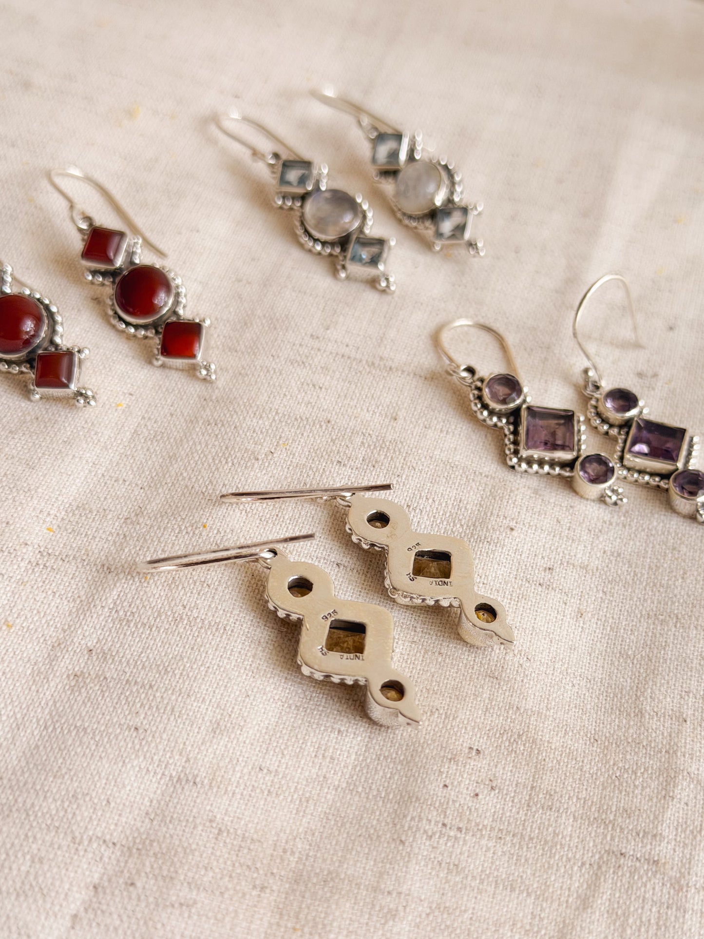 Trikon silver earring with fish hook and gemstones (4 color variant)