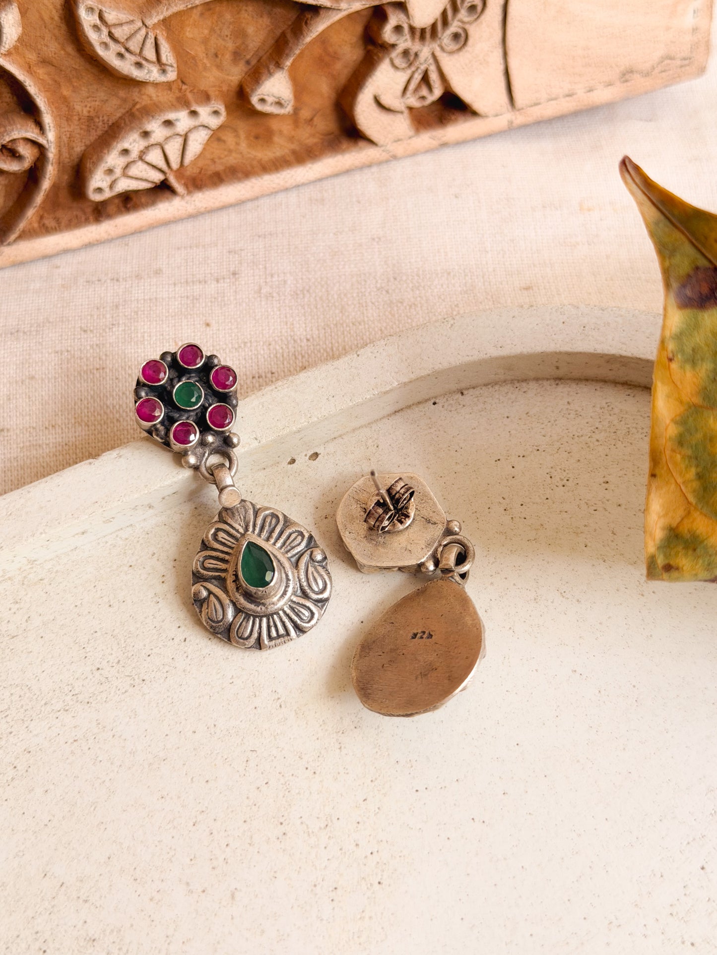 Indrani oxidised silver earrings with ruby/green onyx