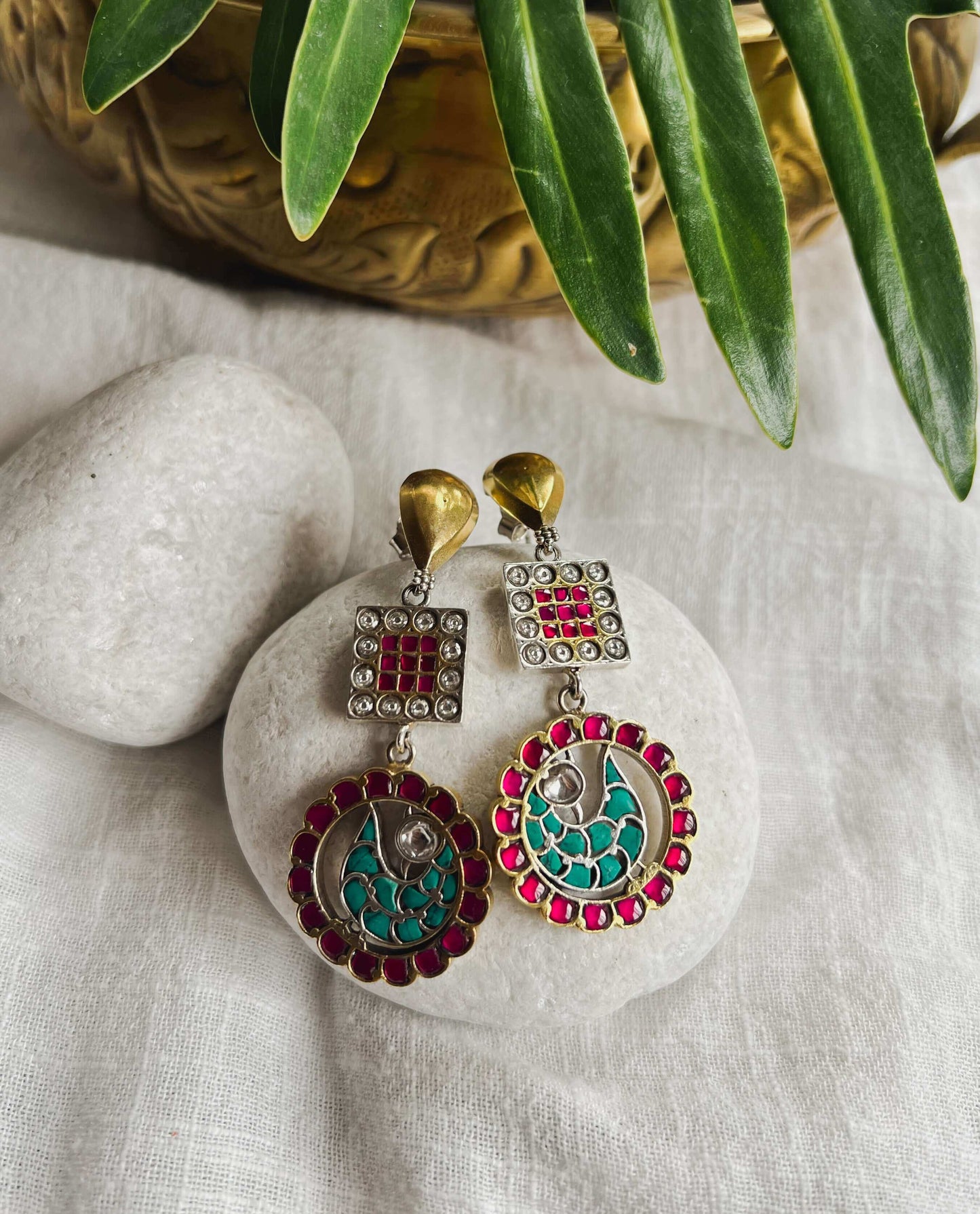 Reva dual tone silver earrings with kundan