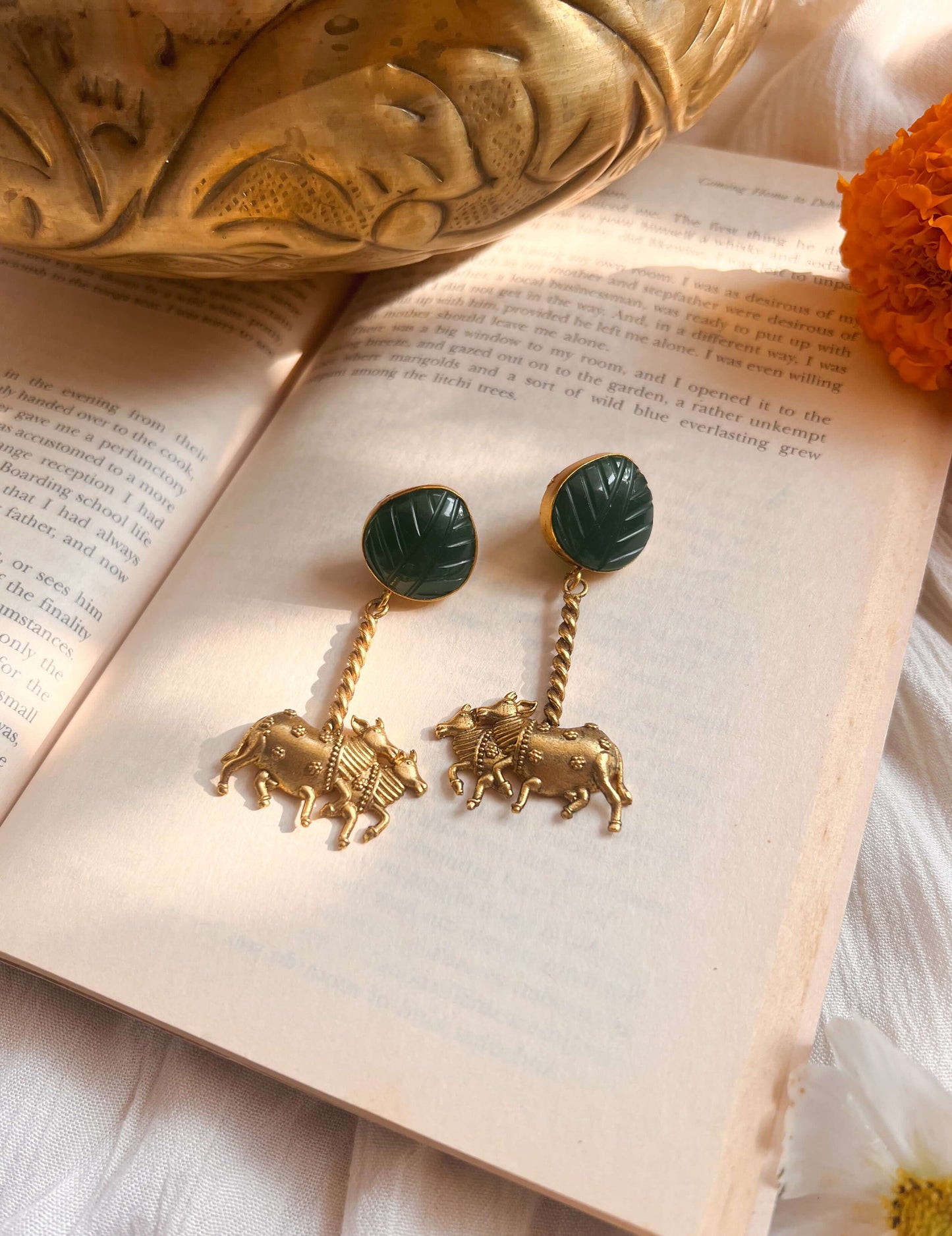 Shivapriya gold plated silver dangler with green quartz