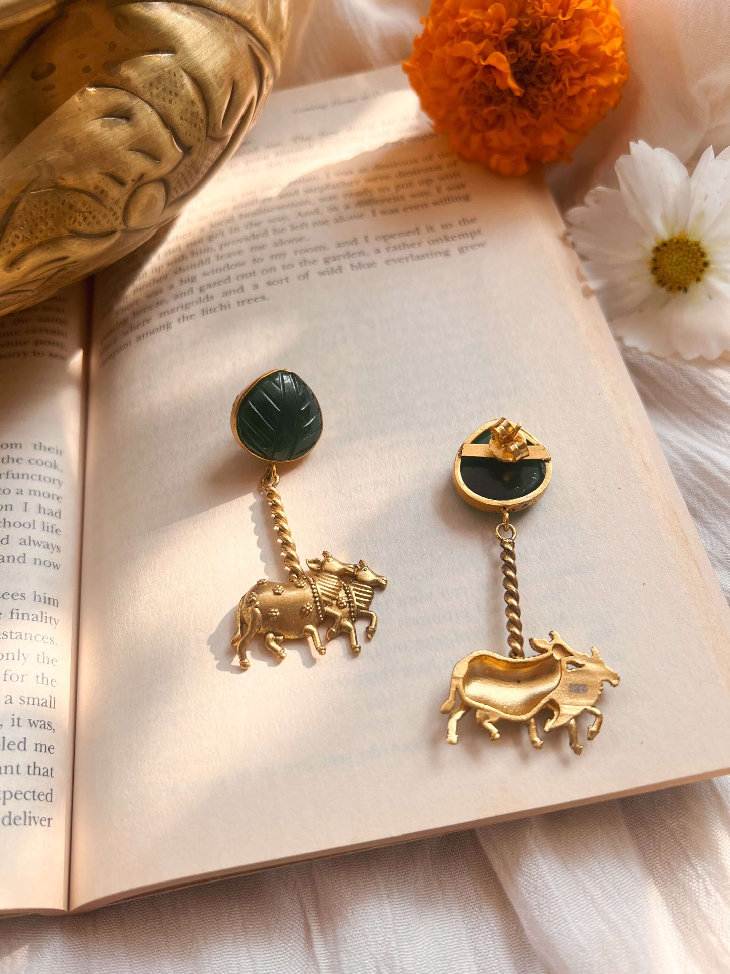 Shivapriya gold plated silver dangler with green quartz