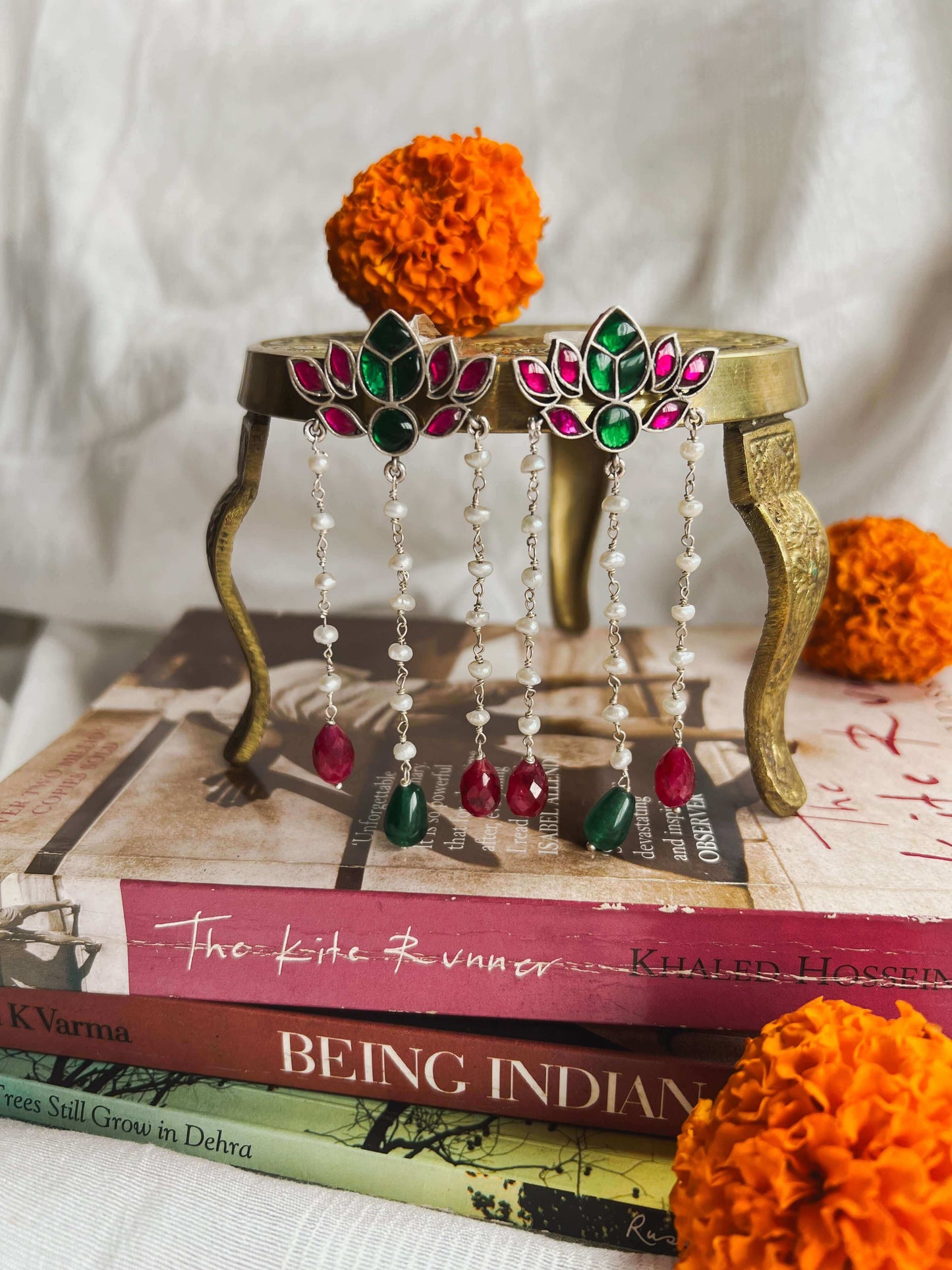 Nalini silver danglers in green and pink kundan