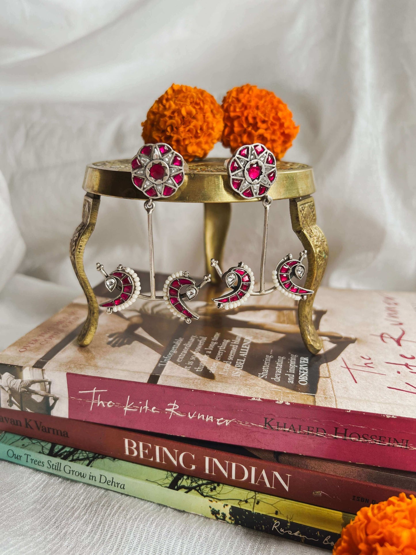 Mayuri silver danglers with ruby pink and white kundan