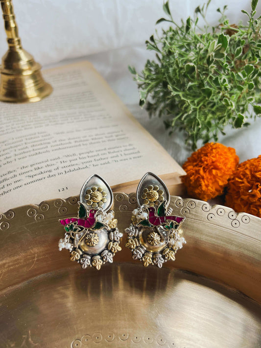 Pakhi dual tone earring with pink & green kundan birds