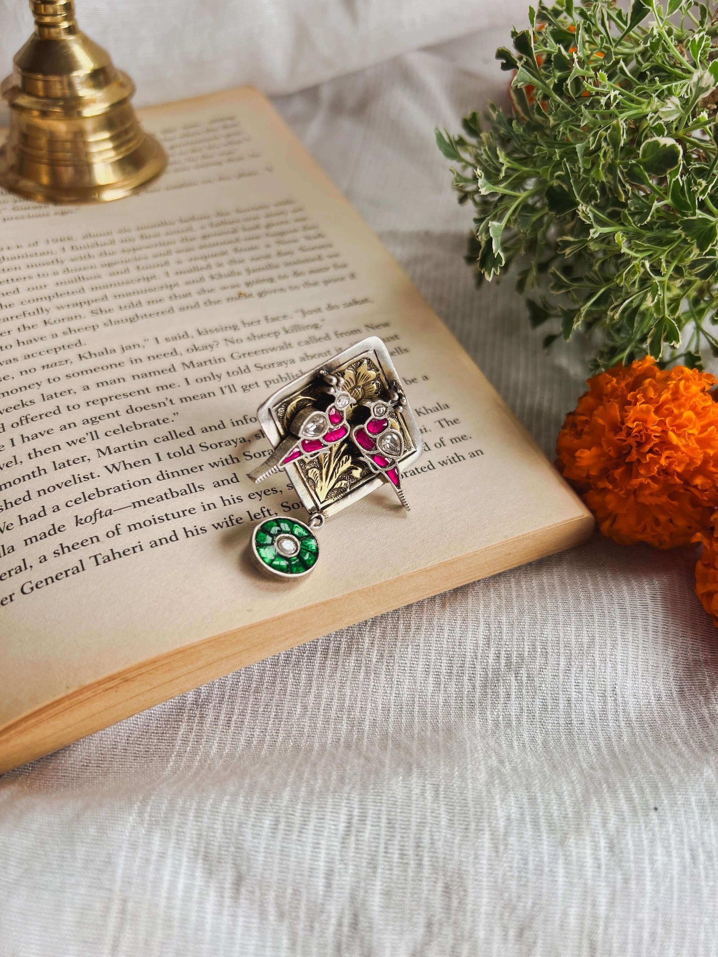 Dwija silver ring with ruby pink and emerald kundan stone