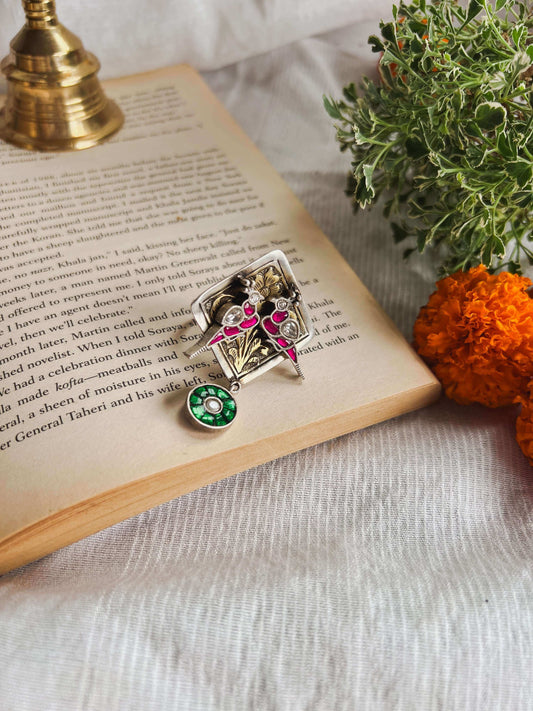 Dwija silver ring with ruby pink and emerald kundan stone