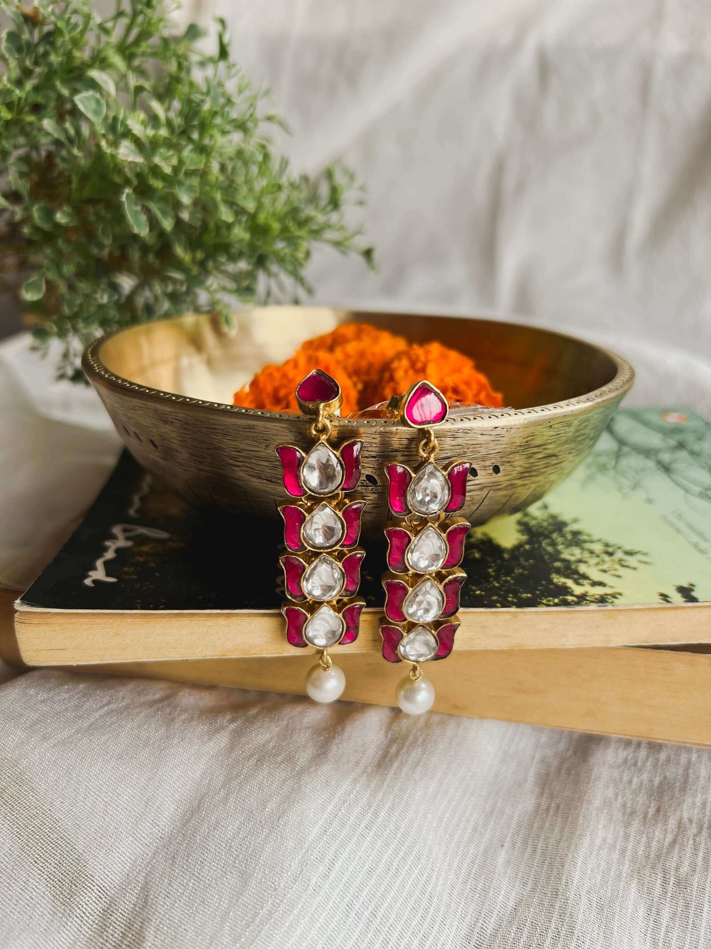 Kumud gold plated silver danglers with pink and white kundan stone
