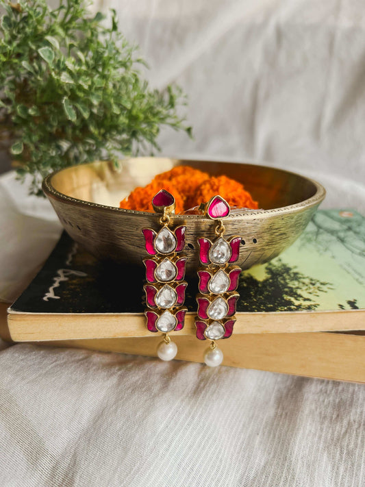 Kumud gold plated silver danglers with pink and white kundan stone