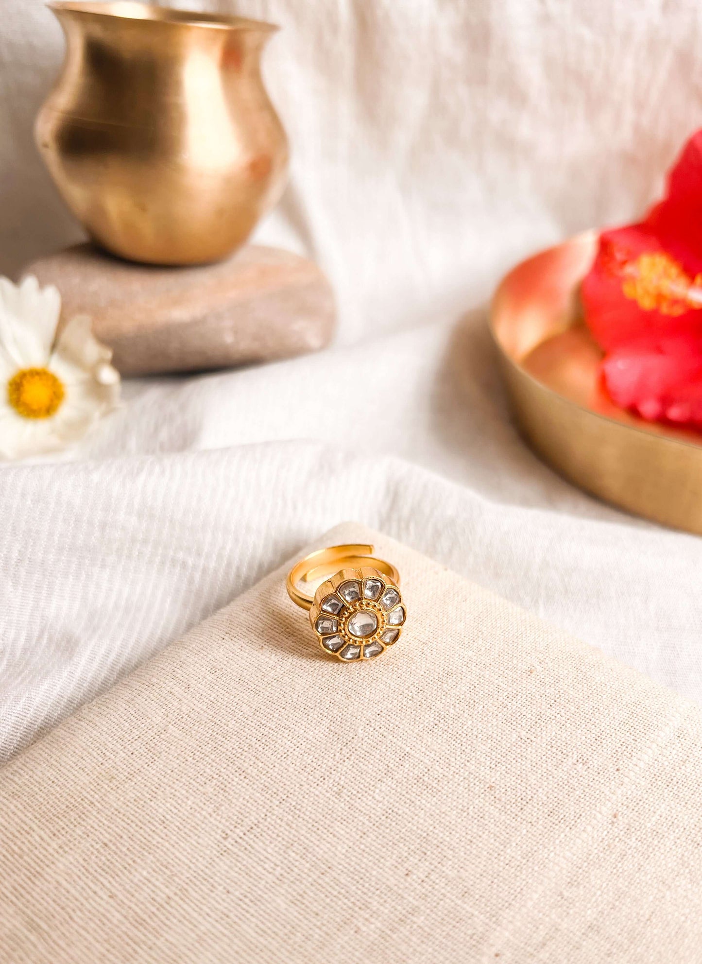 Mandala gold plated kundan ring in silver