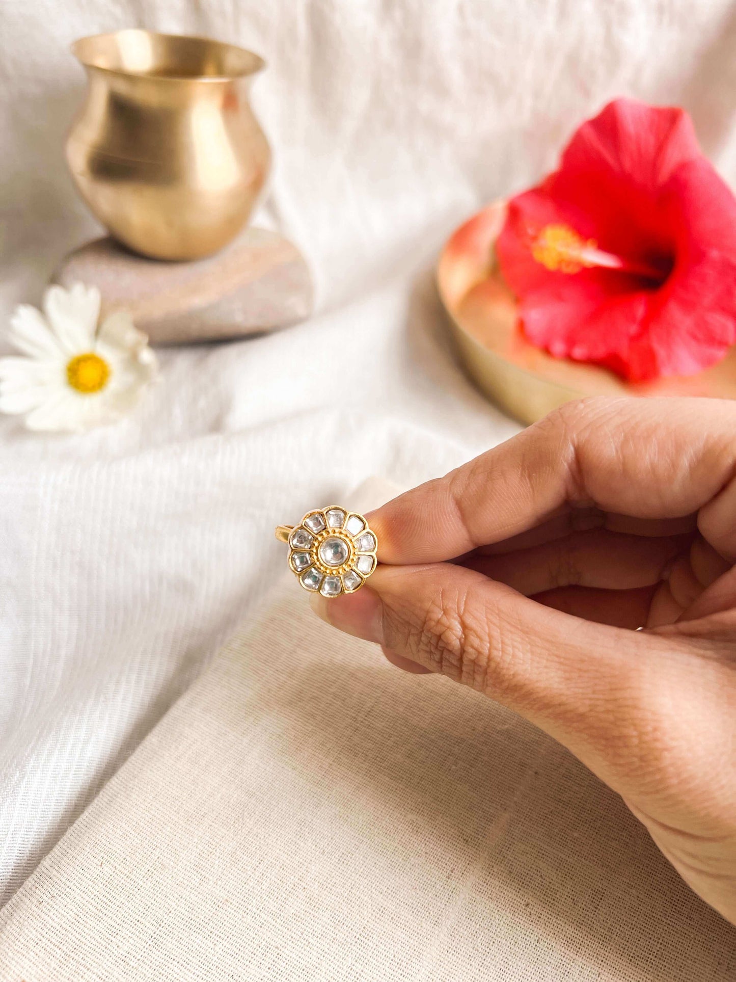 Mandala gold plated kundan ring in silver