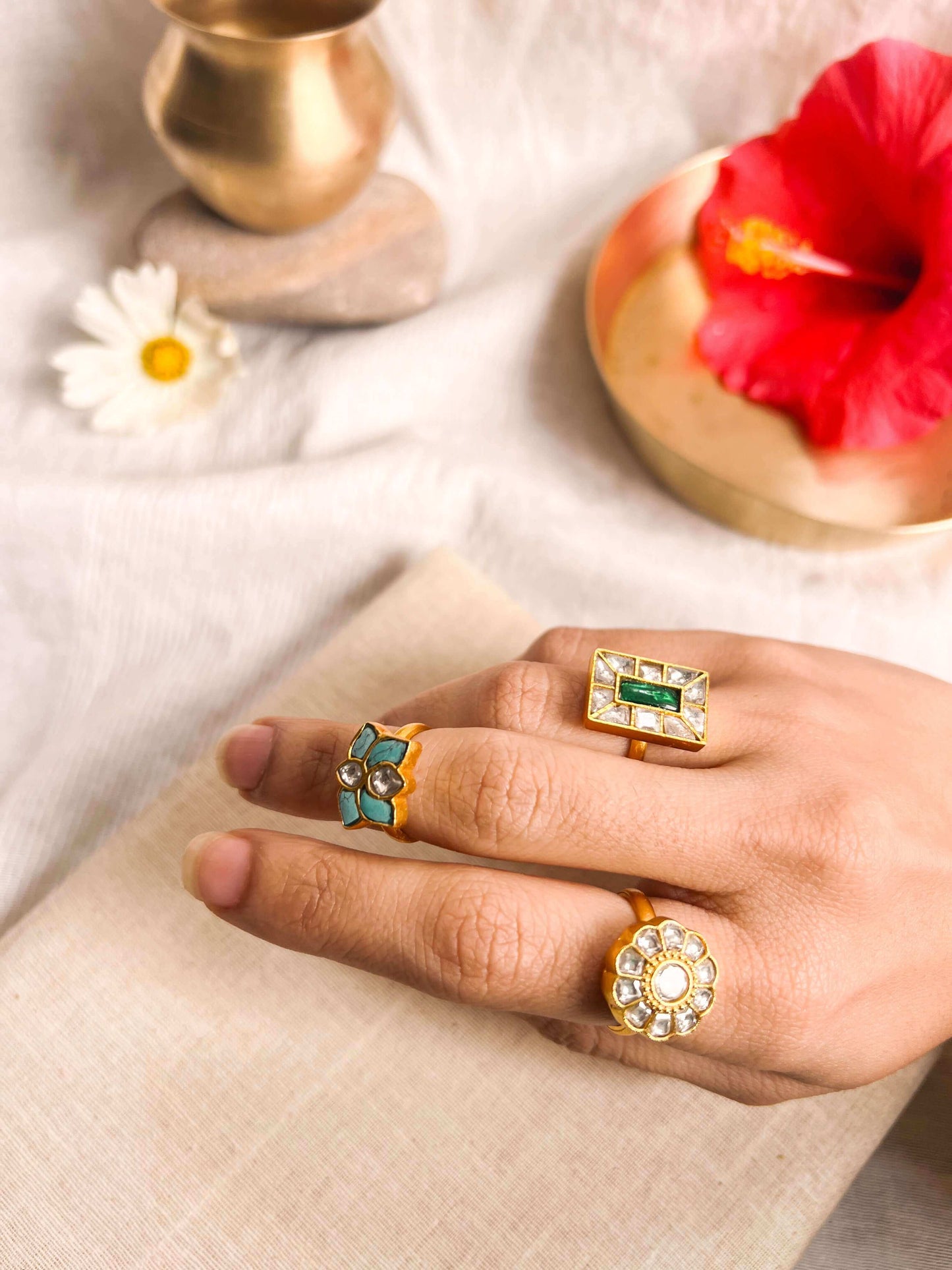 Mandala gold plated kundan ring in silver