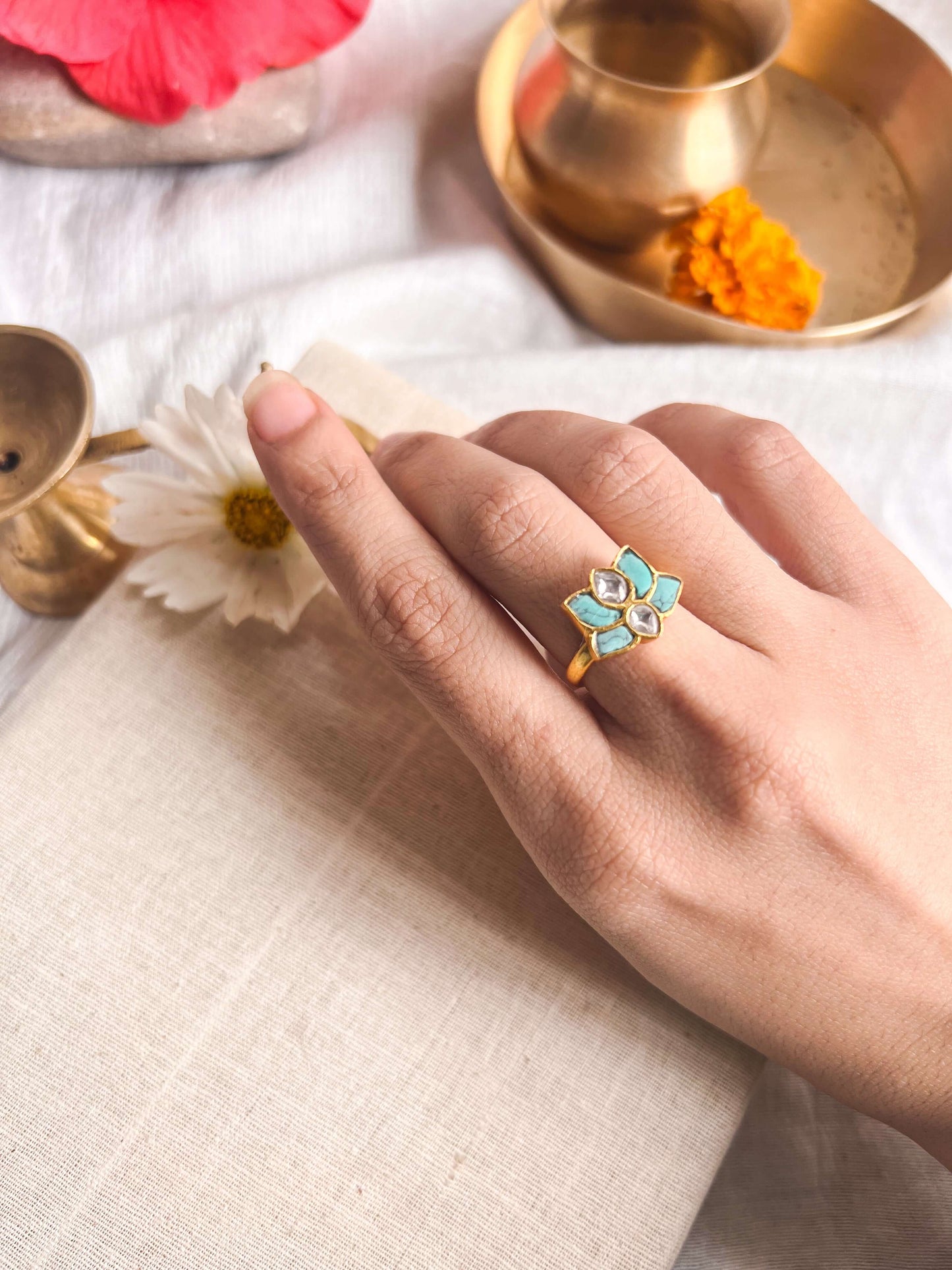 Firoz gold plated silver ring with turquoise stones