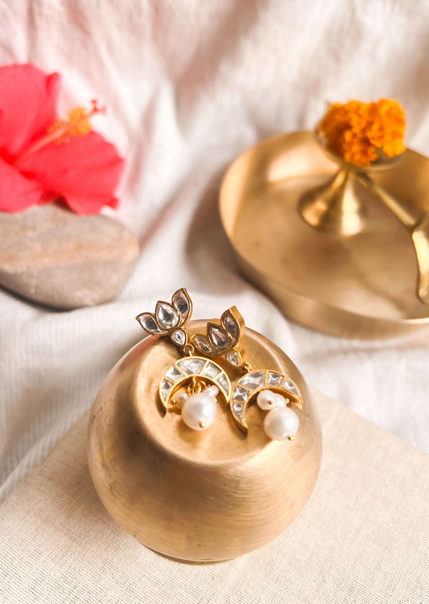 Tilottama gold plated silver earring with cluster pearls and kundan