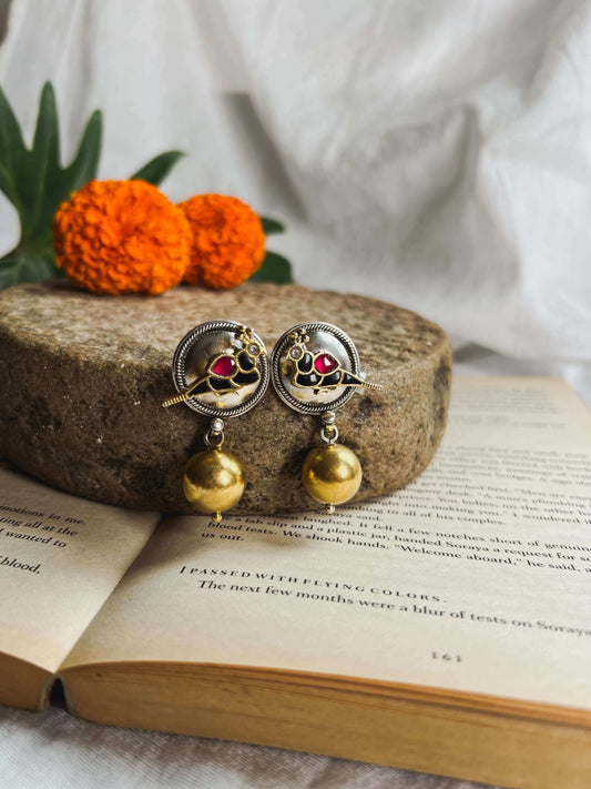 Chidiya black and red kundan dual tone drop earring
