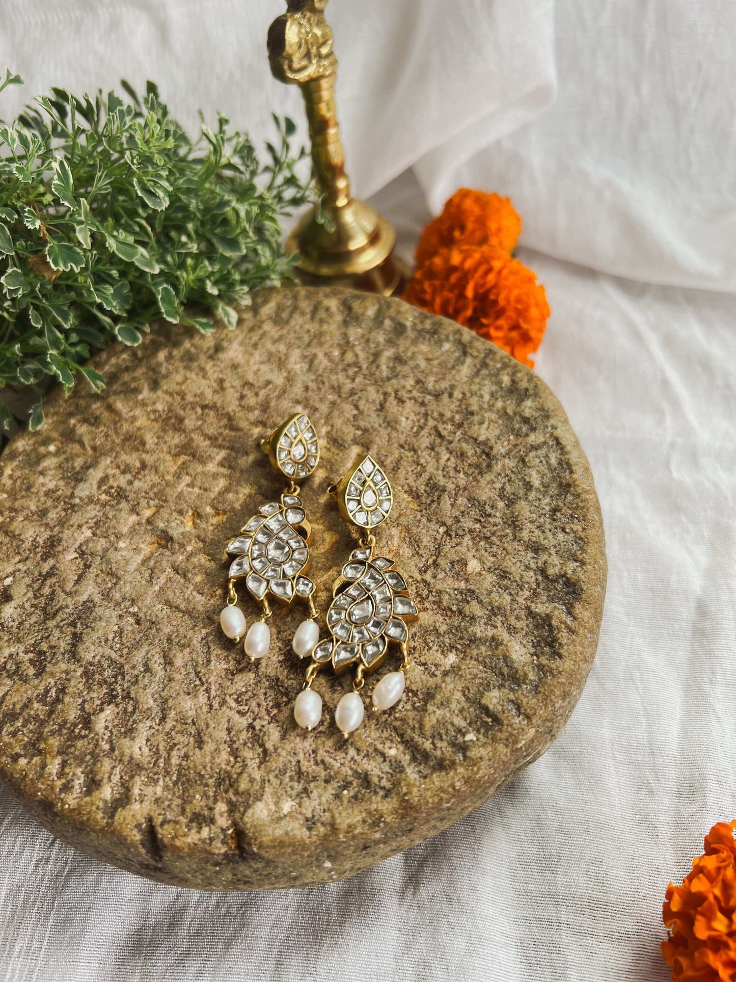 Hamsini gold plated silver earrings with polki and natural pearls