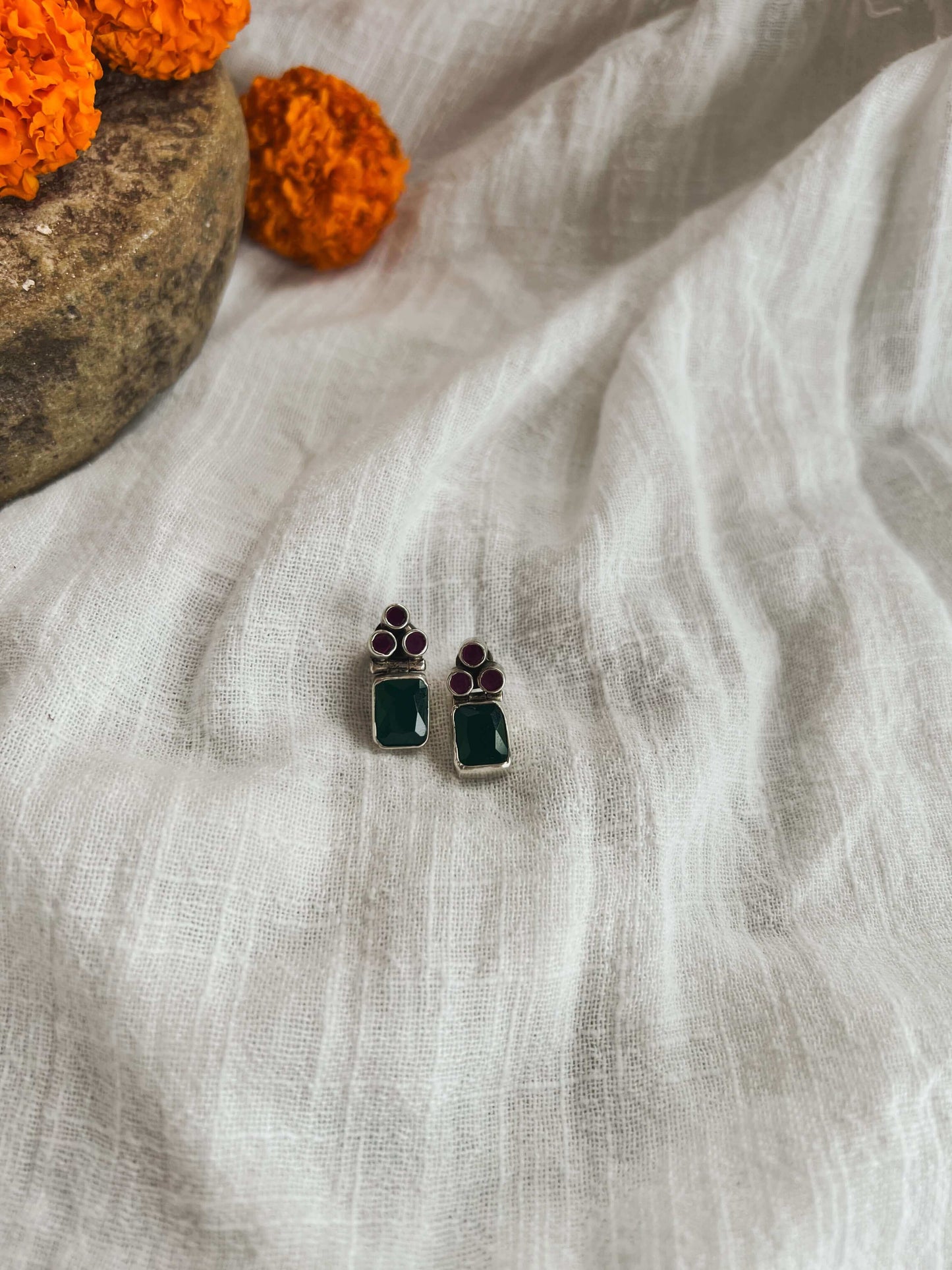 Shreyasi mini studs with emerald and pink ruby glass stone