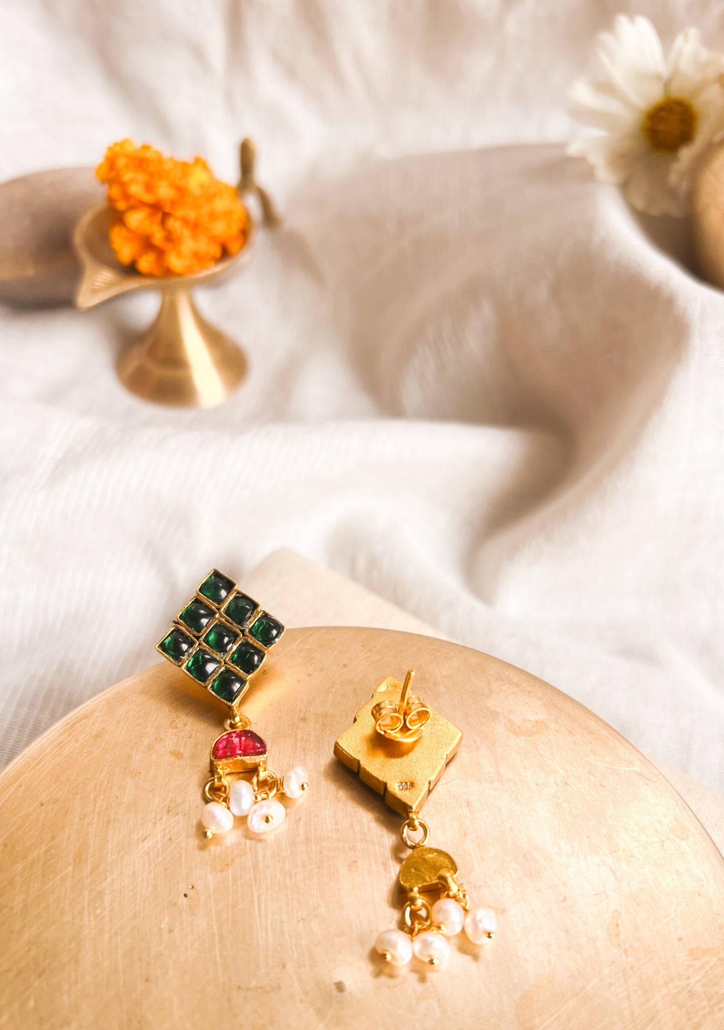 Patang gold plated silver earring with green kundan and drop pearls