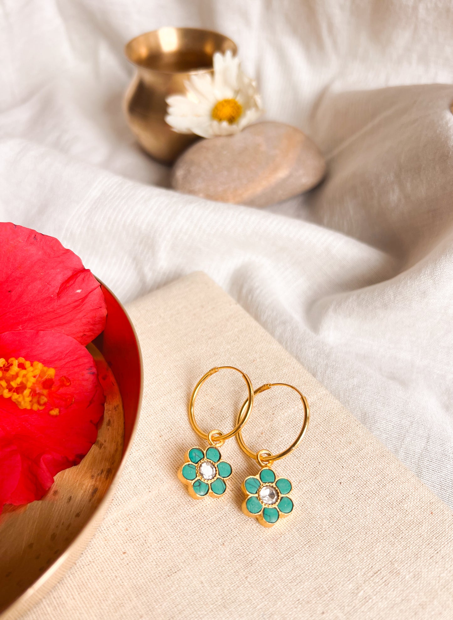 Phool charm gold plated silver hoops with turquoise stone