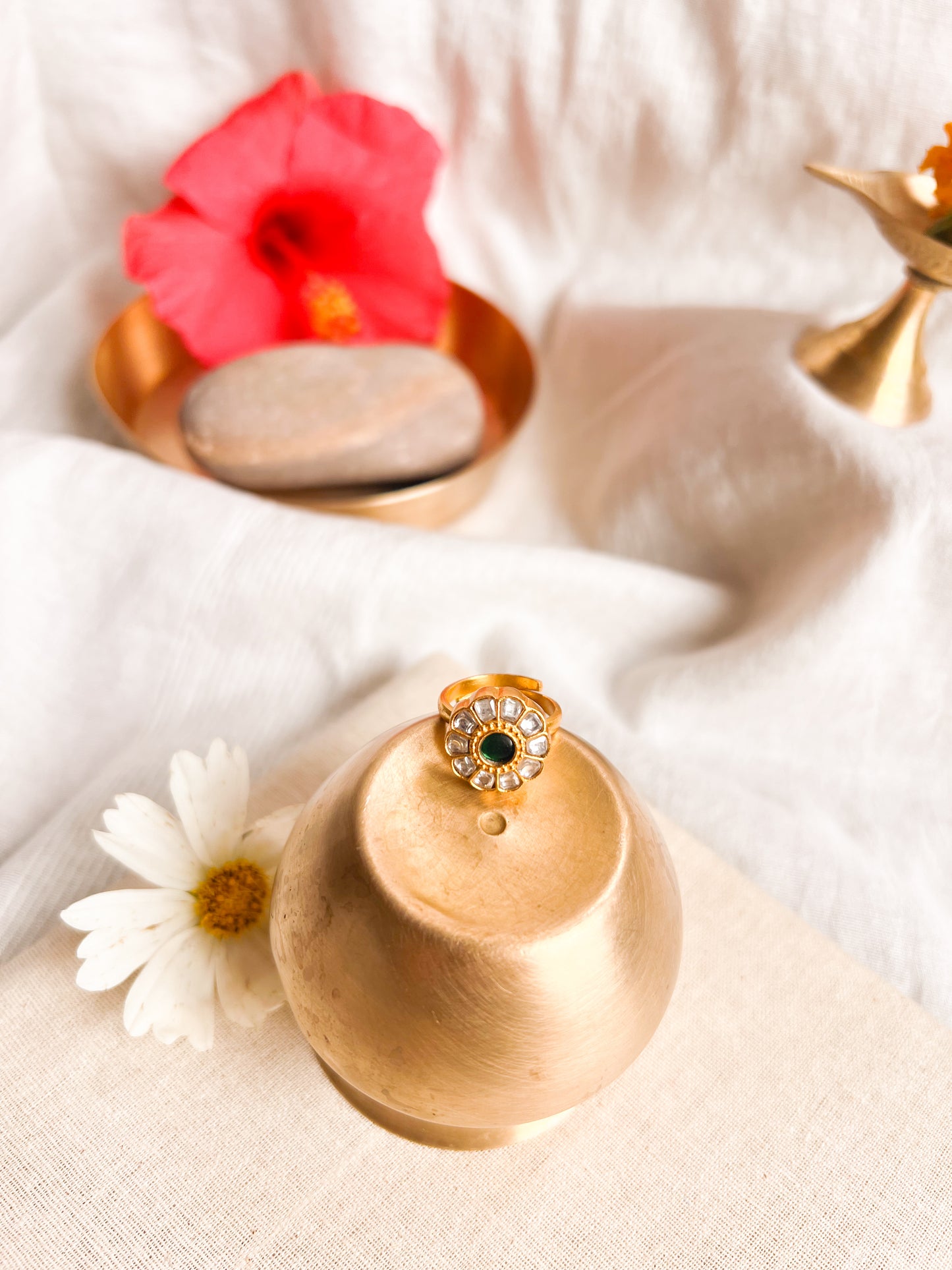 Mandala gold plated silver ring with green kundan