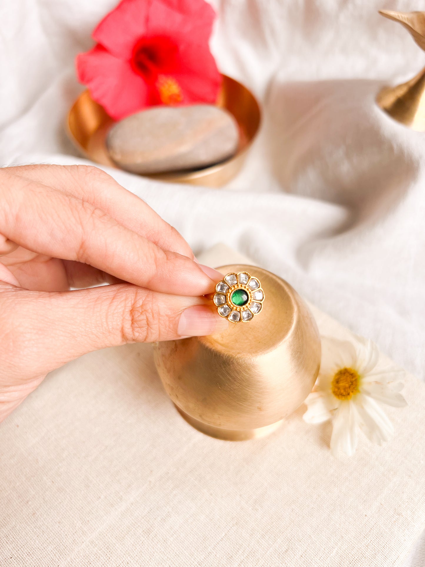 Mandala gold plated silver ring with green kundan