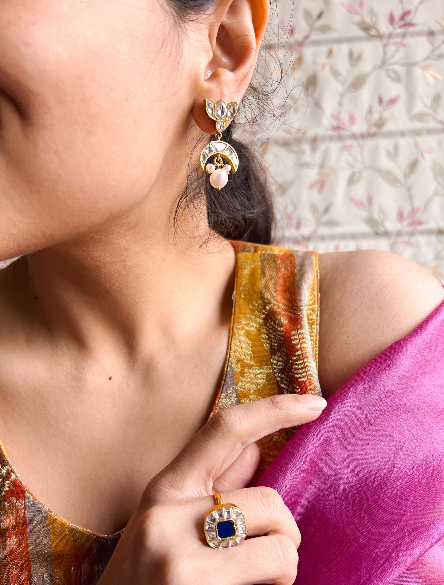 Tilottama gold plated silver earring with cluster pearls and kundan
