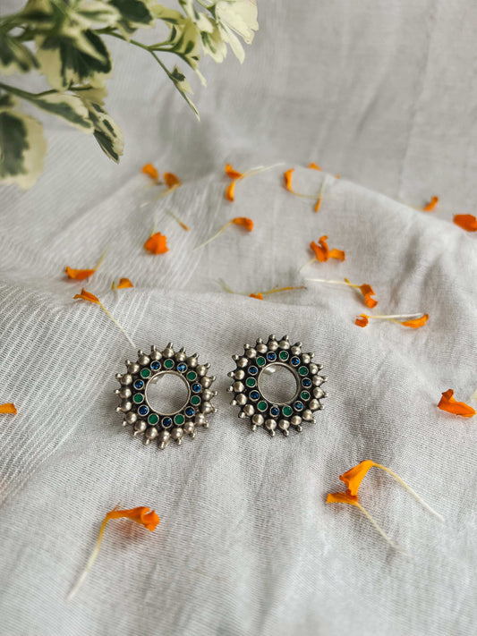 Chakra silver studs with emerald green and blue glass stone
