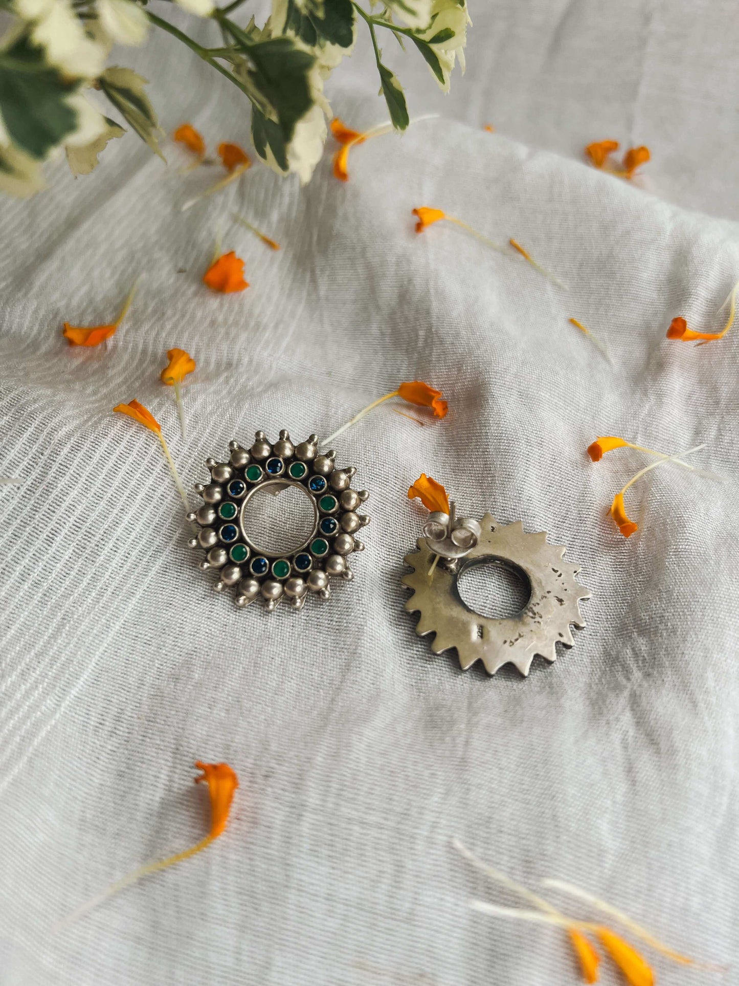 Chakra silver studs with emerald green and blue glass stone