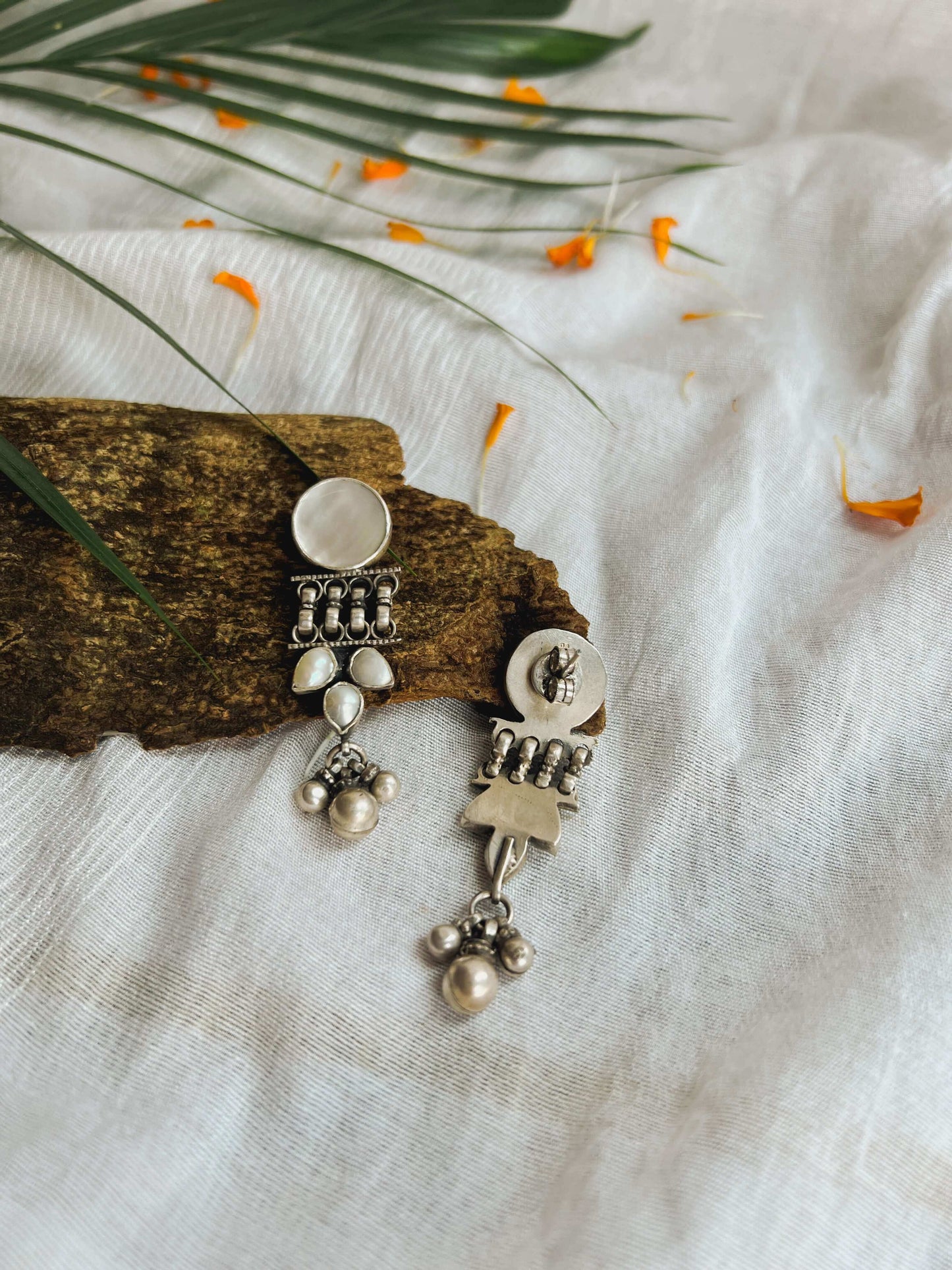 Chandni Silver danglers with pearl and shell details
