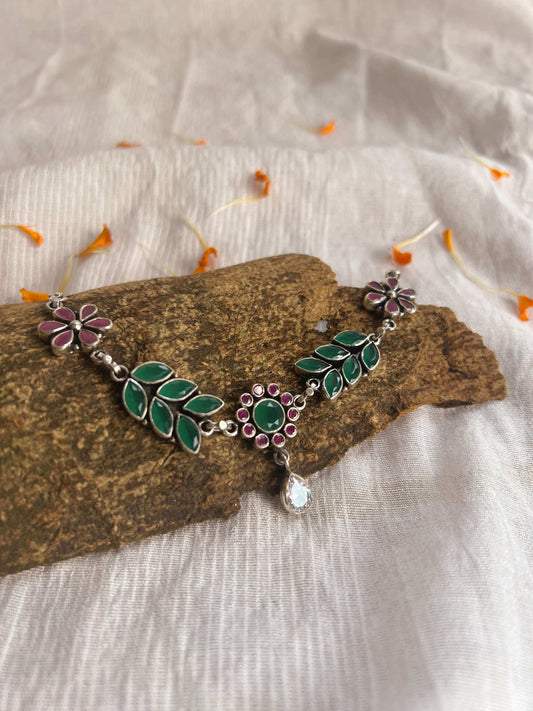 Bela silver necklace in green and ruby pink glass stone