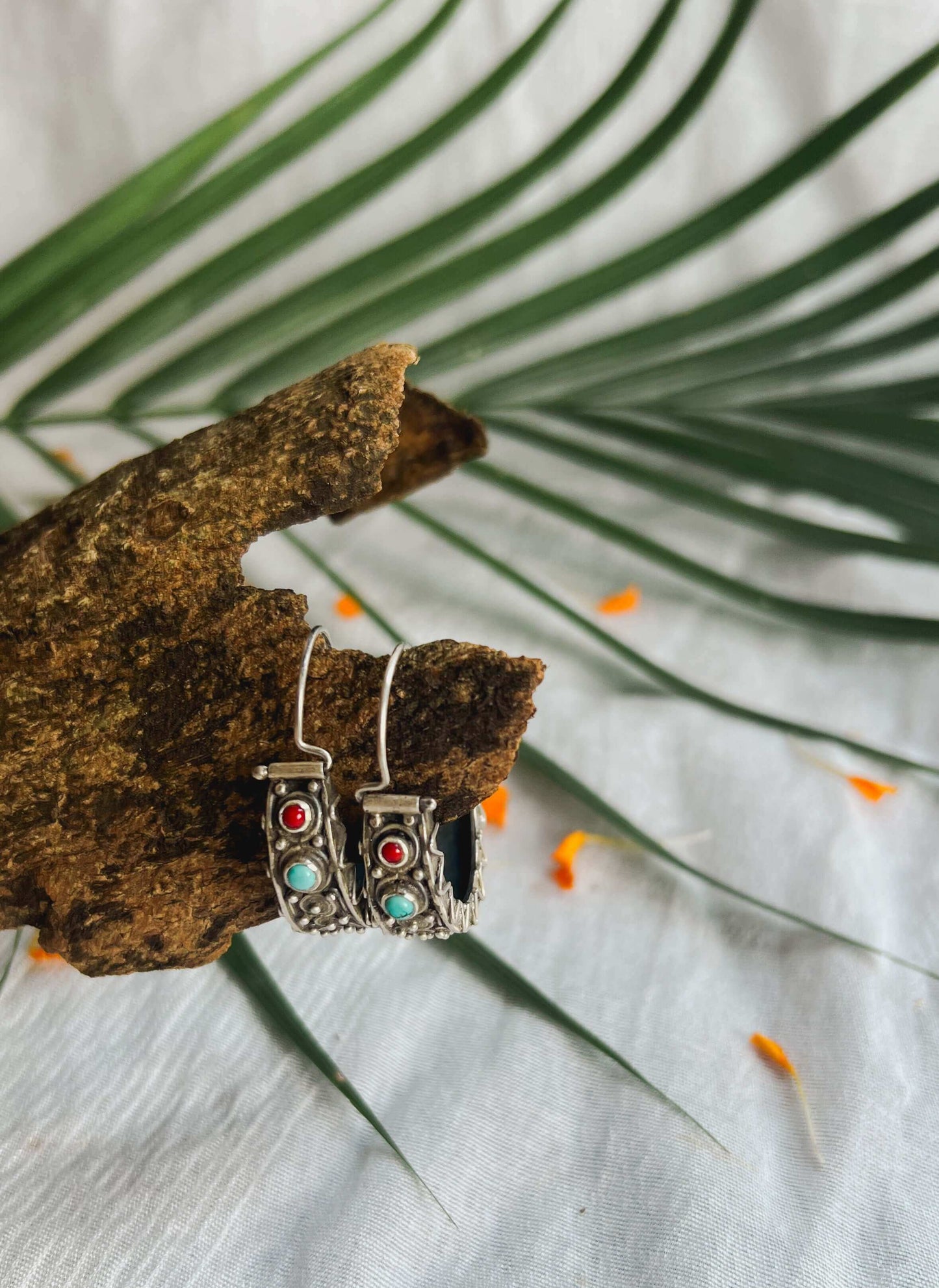 Awari silver oxidised hoops with tribal details