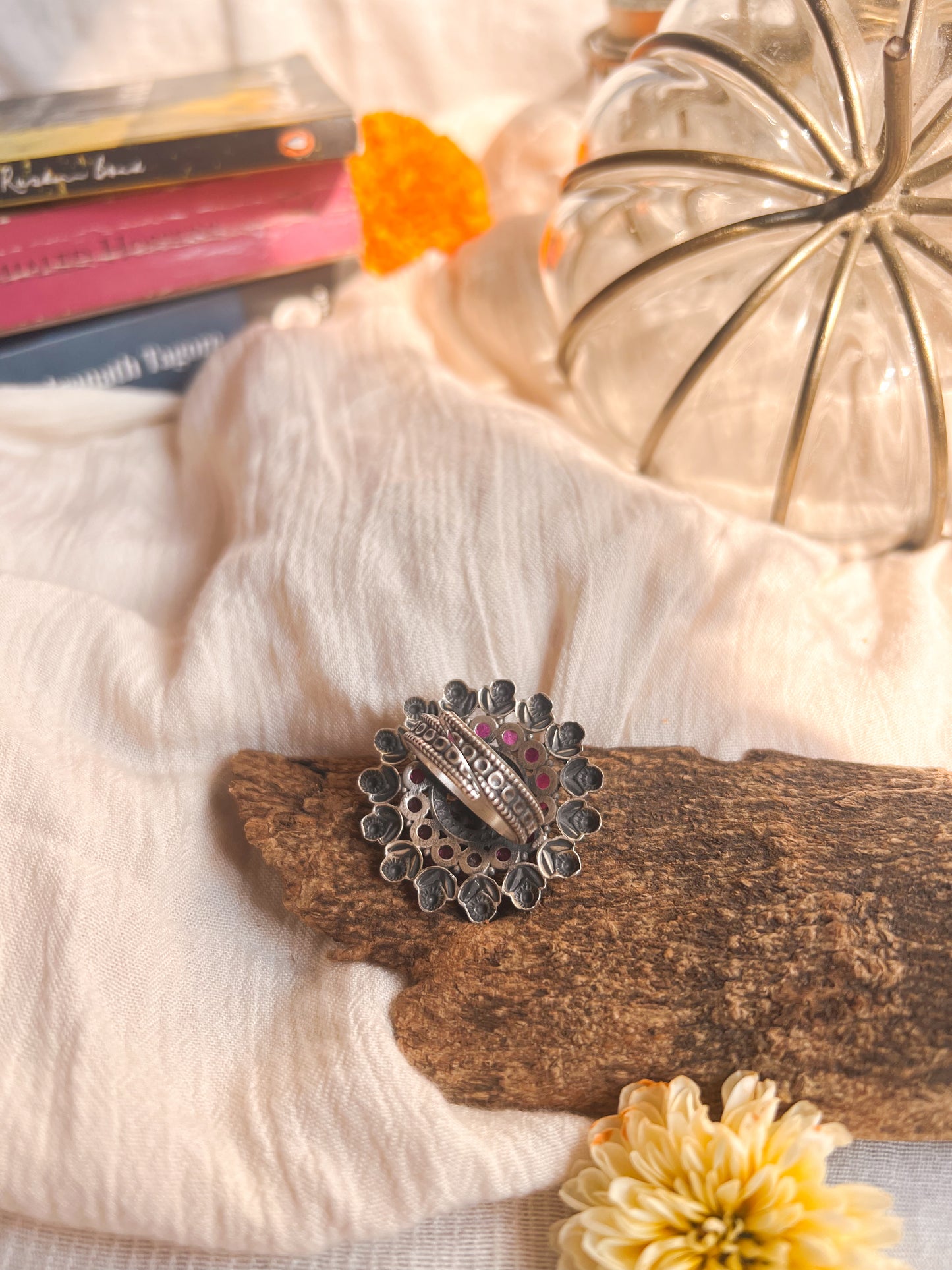 Abhuti oxidised silver ring with ruby onyx