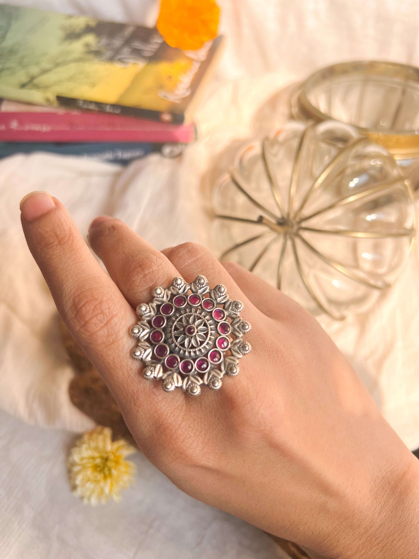 Abhuti oxidised silver ring with ruby onyx