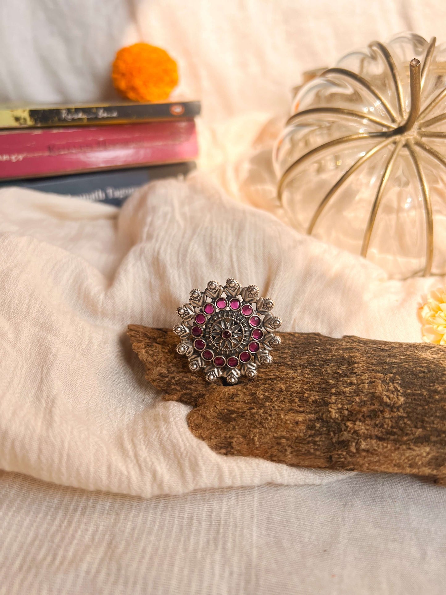 Abhuti oxidised silver ring with ruby onyx