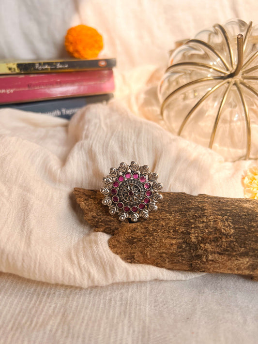 Abhuti oxidised silver ring with ruby onyx