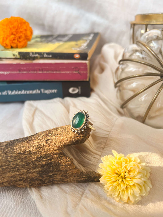 Kamya oxidised silver ring with green amethyst