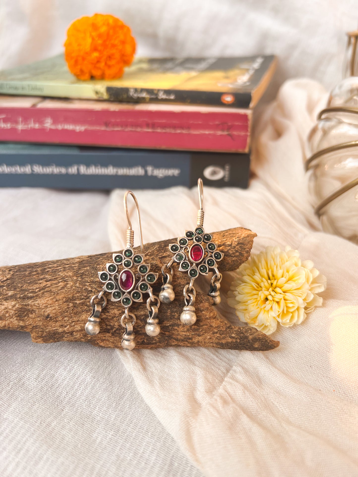 Janaki oxidised silver fish hook earrings with ghunghroo