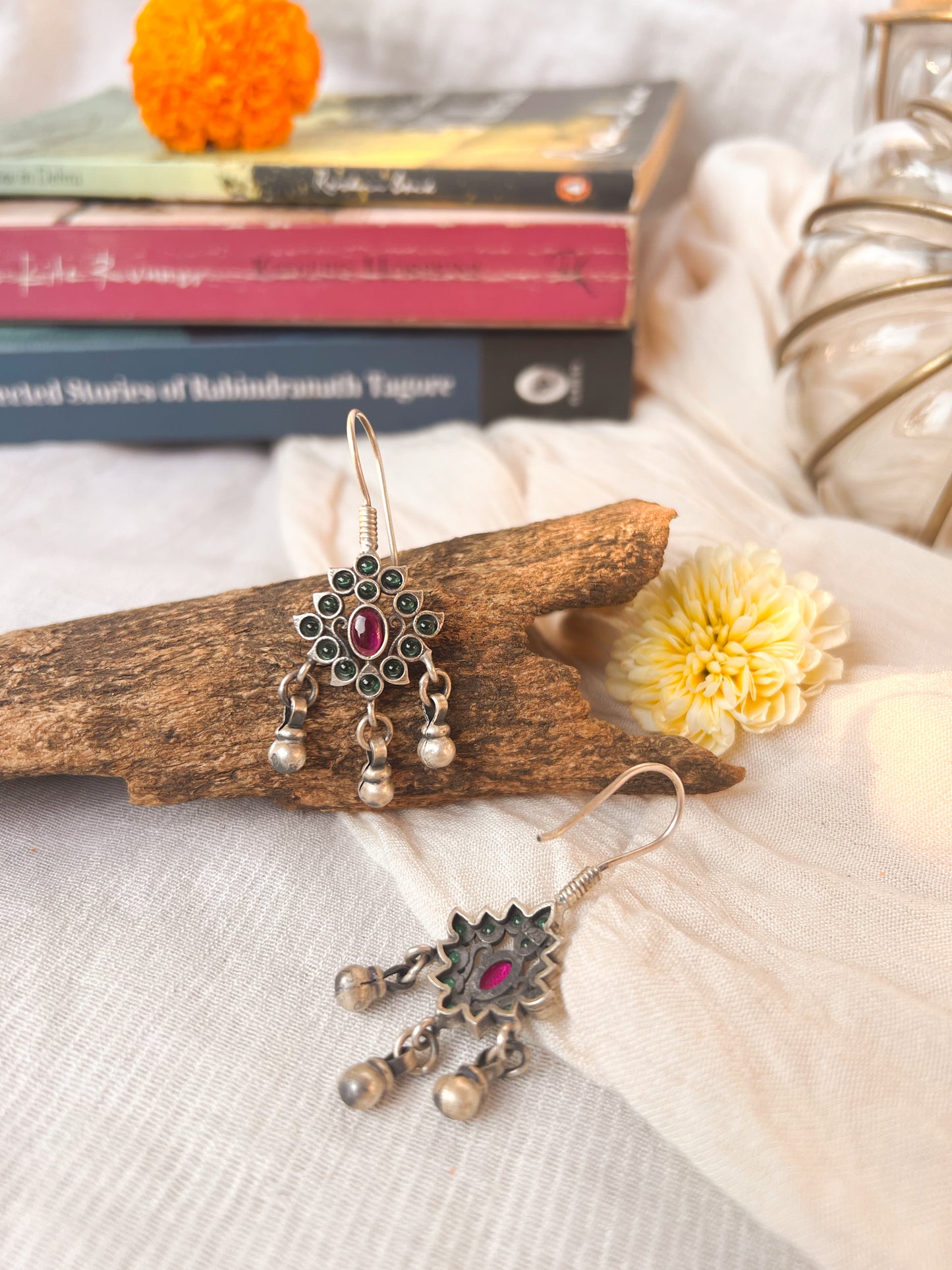 Janaki oxidised silver fish hook earrings with ghunghroo