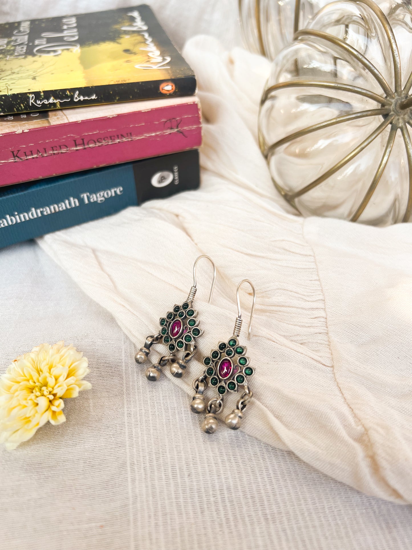 Janaki oxidised silver fish hook earrings with ghunghroo