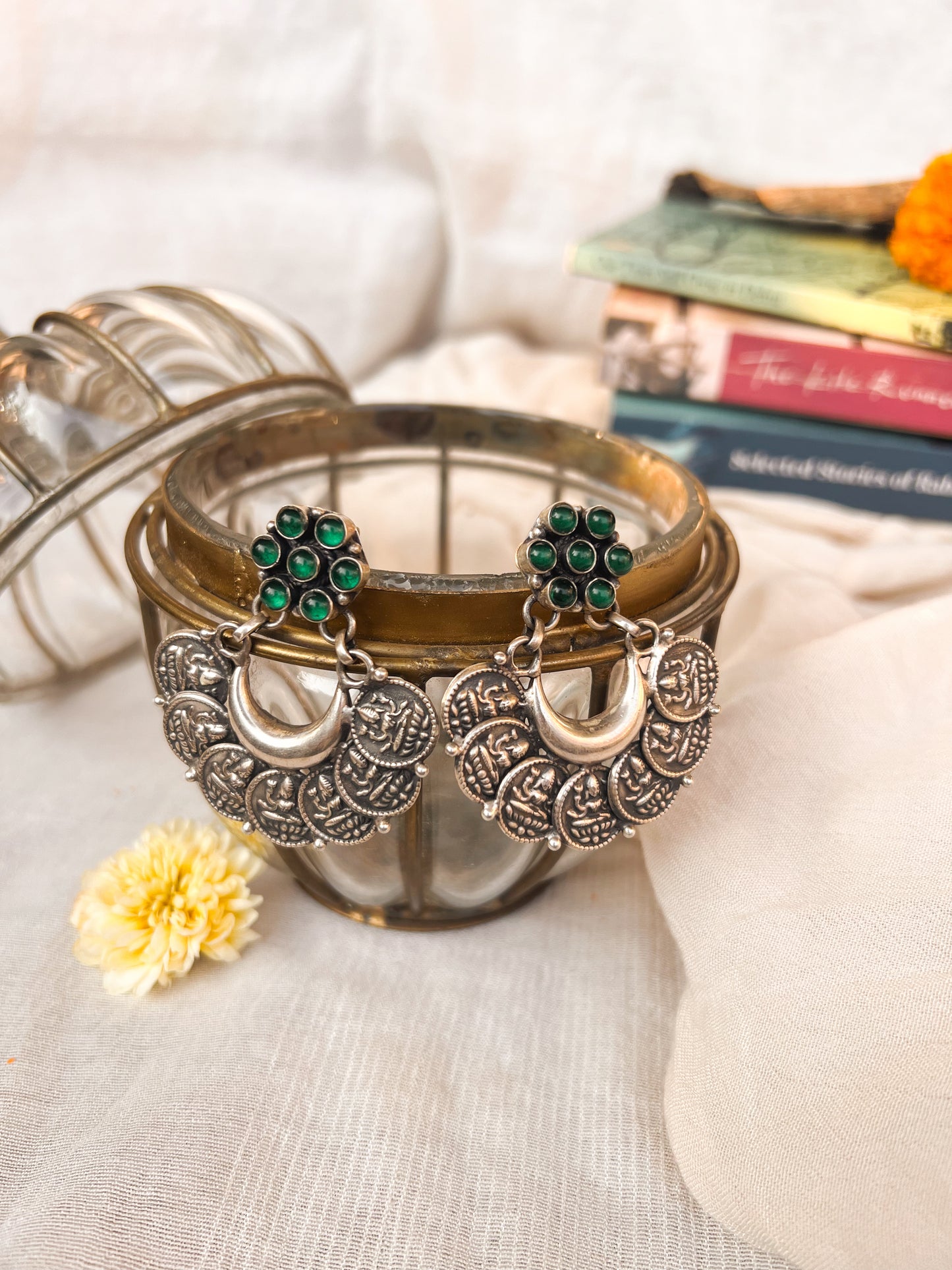 Lakkhi oxidised silver earrings with green onyx
