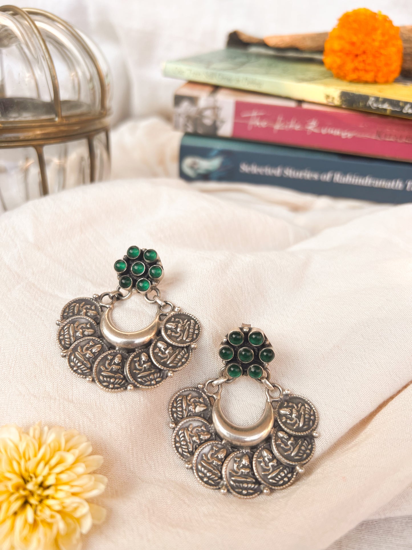 Lakkhi oxidised silver earrings with green onyx